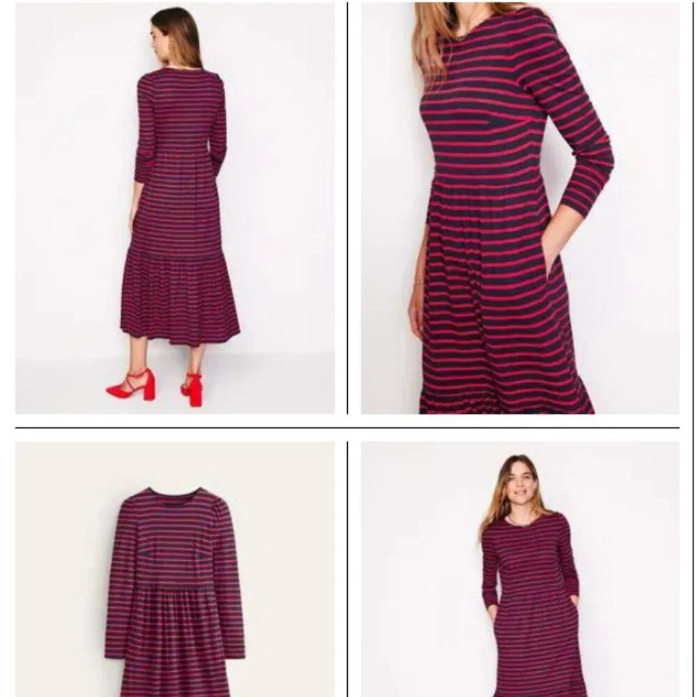 Boden Emma Red Blue Striped Long Sleeve Midi Dress Size 6 US Pockets EUC